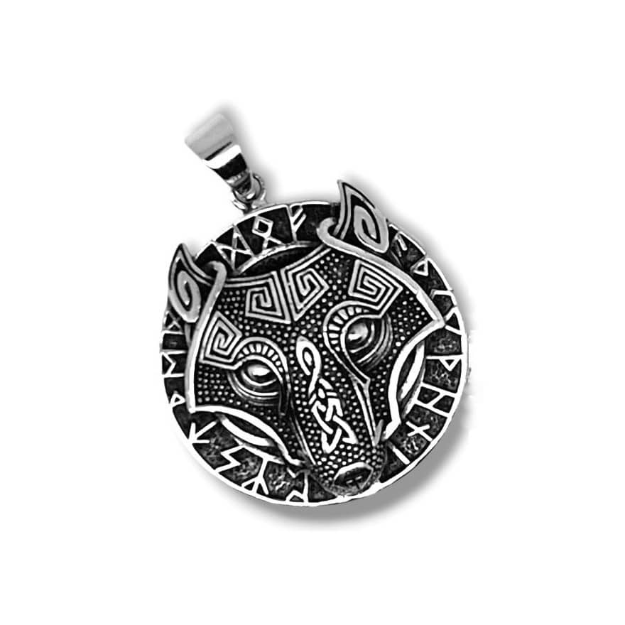 Colgante de plata de ley 925 Fenrir redondo con runas vikingas