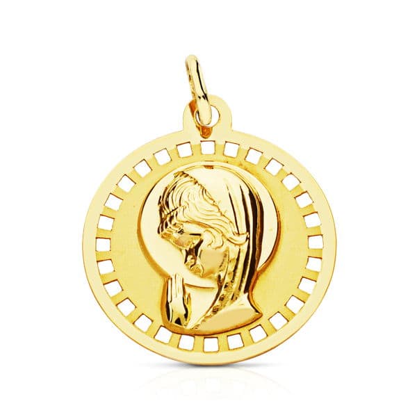 Medalla de comunión de oro de 18k redonda con la Virgen Niña