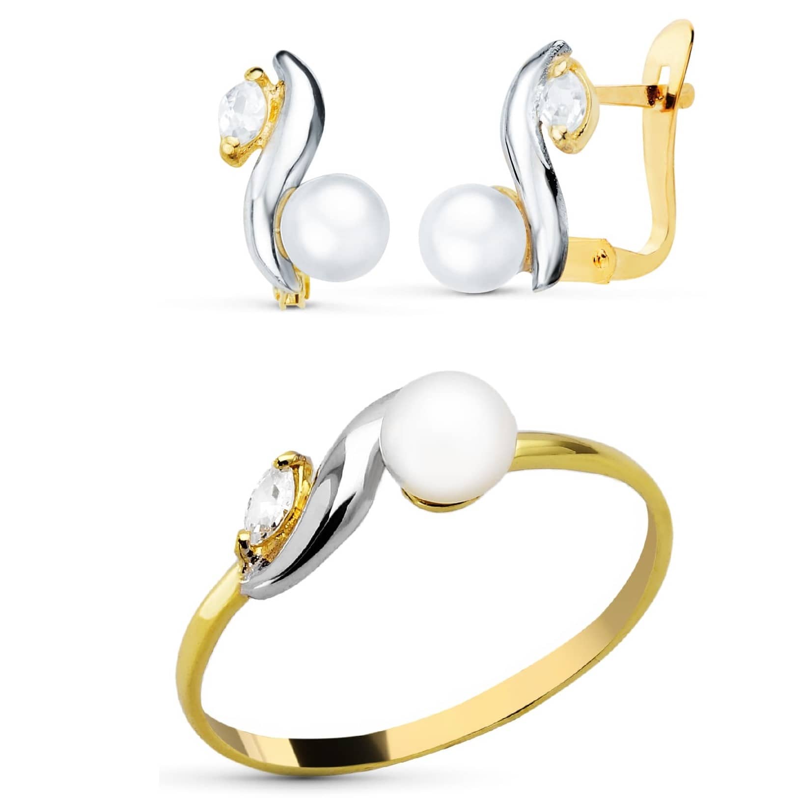 Conjunto de comunión de oro de 18k bicolor con perla: pendientes y anillo