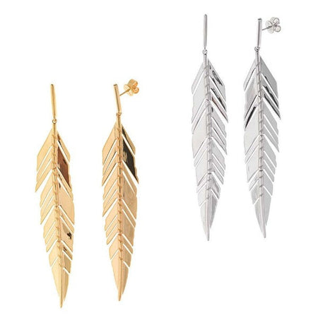 Pendientes largos de plata de ley con forma de pluma