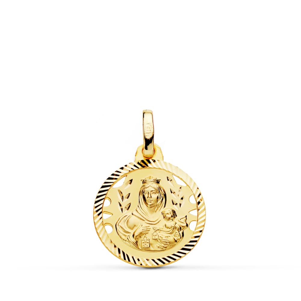 Medalla de la Virgen del Carmen de oro 18k calada con borde de hélice