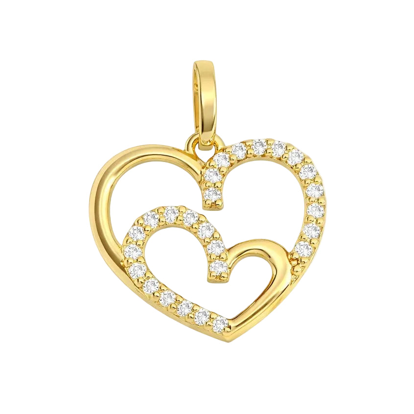 Colgante de oro de 9k de dos corazones con circonitas