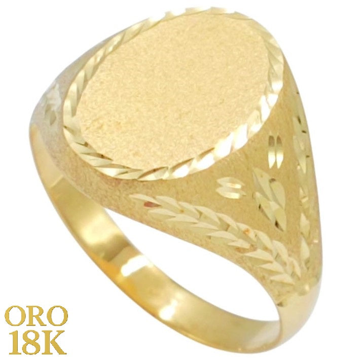 Anillo de sello ovalado de oro de 18k con los laterales tallados