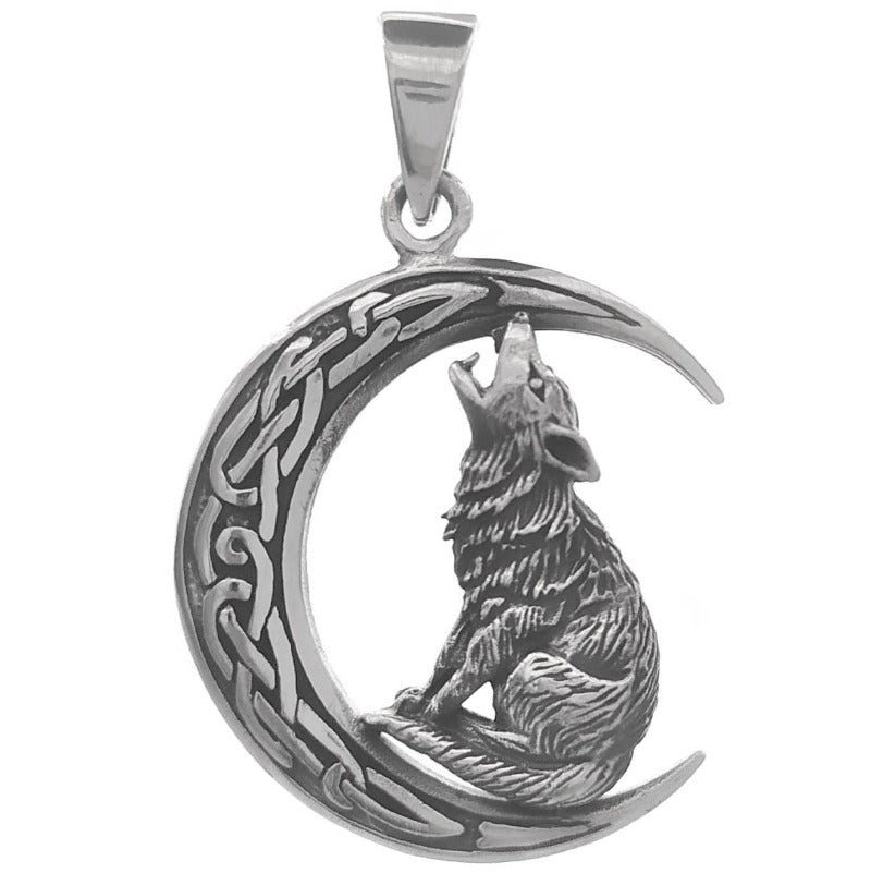 Colgante amuleto de plata de ley con lobo y luna celta