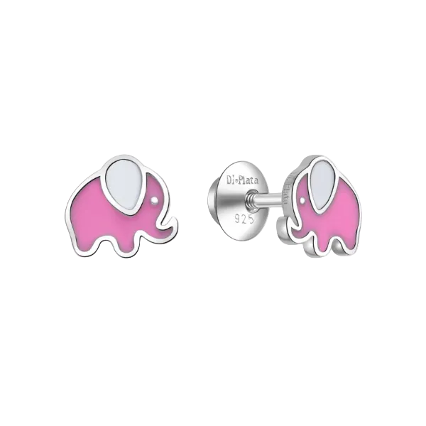 Pendientes de plata de bebé con forma de elefante rosa