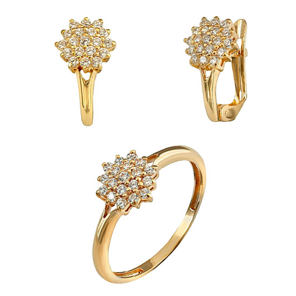 Conjunto de comunión de oro de 9k: pendientes y anillo de rosetón de circonitas