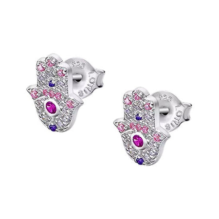 Pendientes de plata de ley con mano de Fátima y circonitas de colores