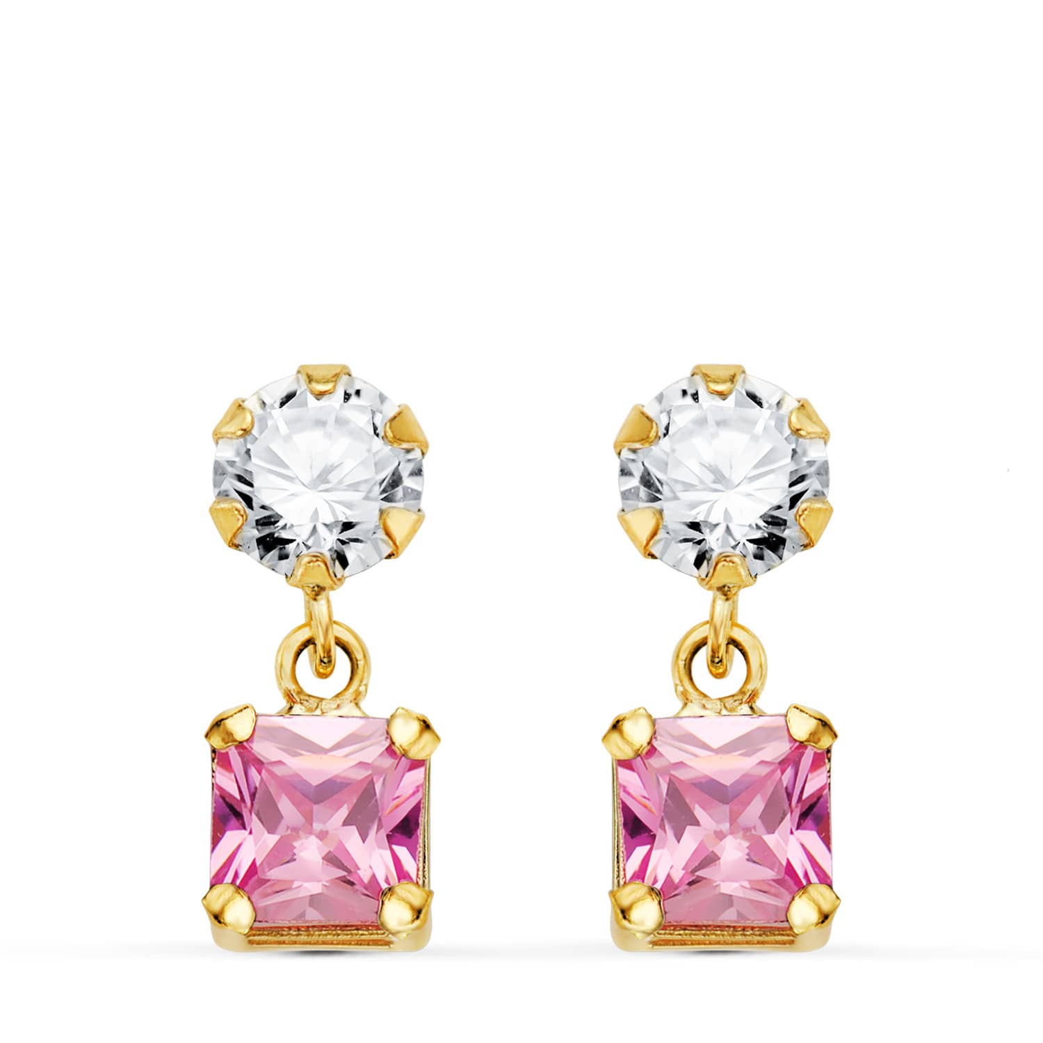 Pendientes de oro de 18k de dos cuerpos con circonita y piedra cuadrada rosa