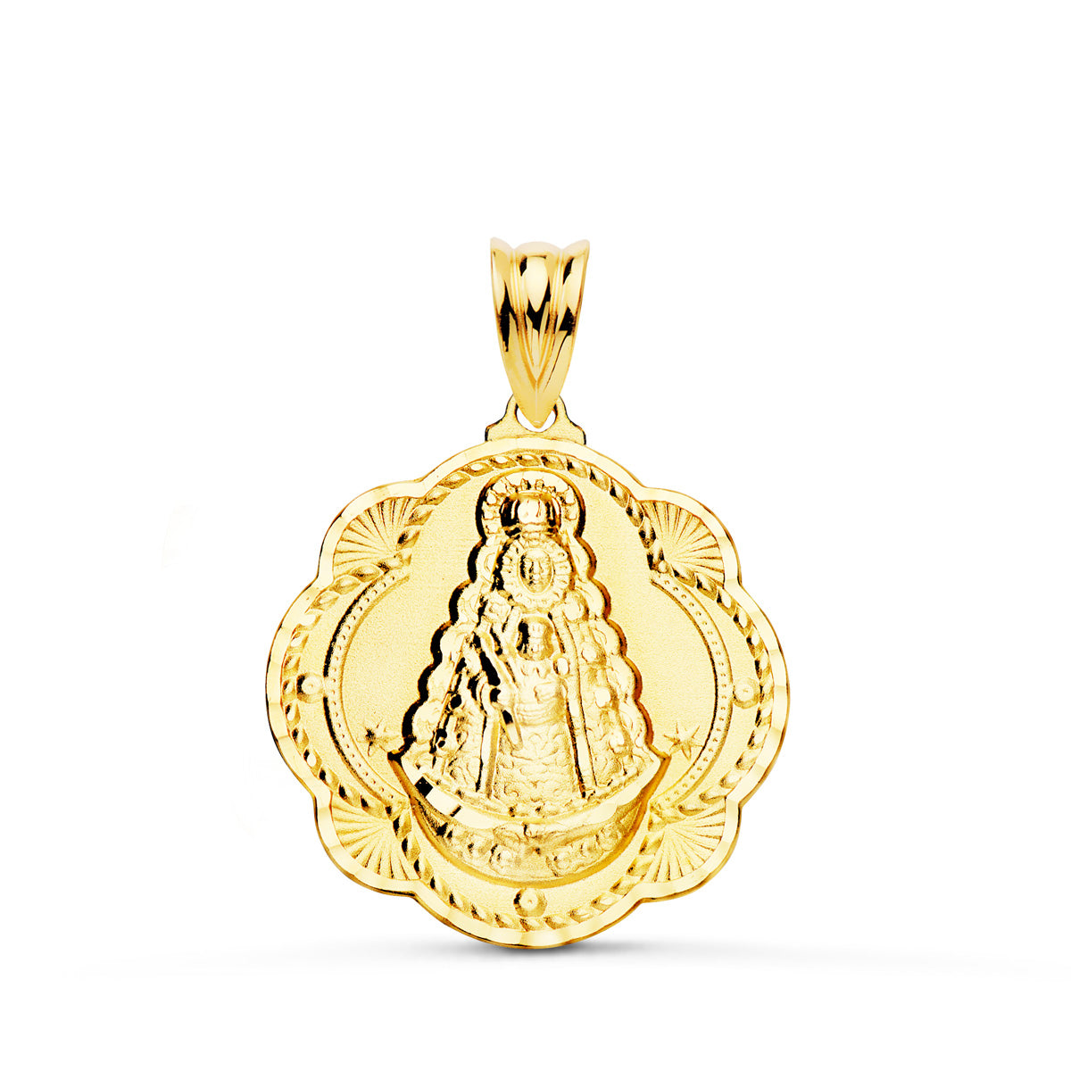 Medalla de la Virgen del Rocío de oro 18k en forma de pandereta
