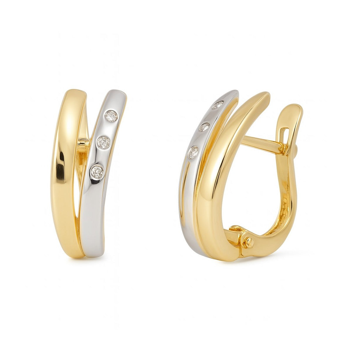Pendientes oro bicolor 18 quilates medio aro banda circonitas - vista frontal
