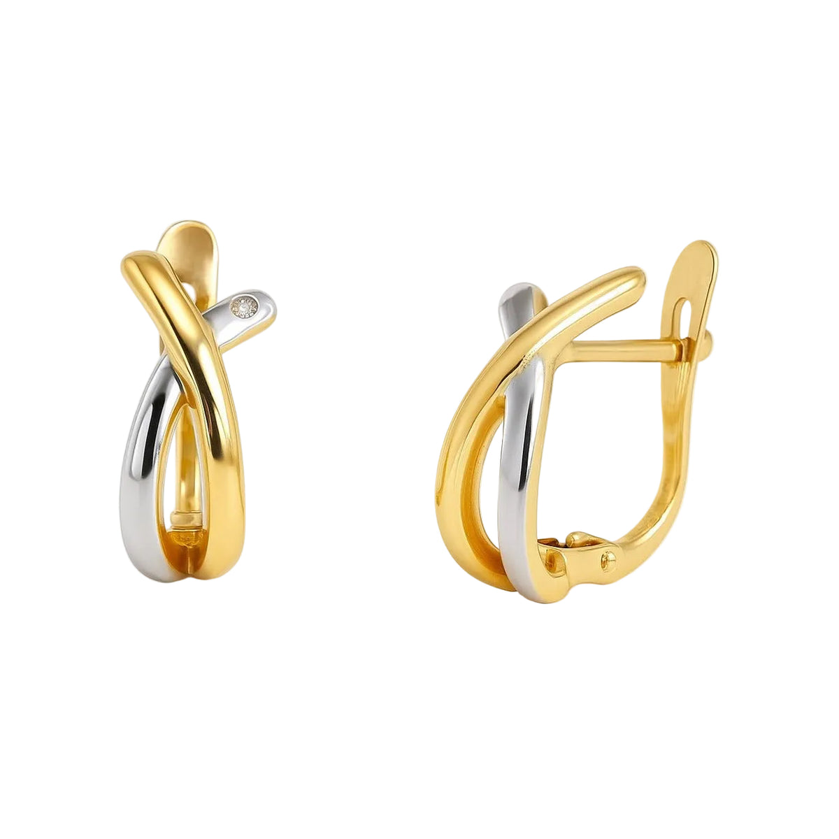 Pendientes oro bicolor 18 quilates medio aro bandas cruzadas circonita - vista frontal