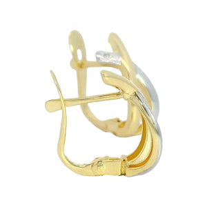 Pendientes oro bicolor 18 quilates medio aro bandas cruzadas circonita - detalle de la piedra