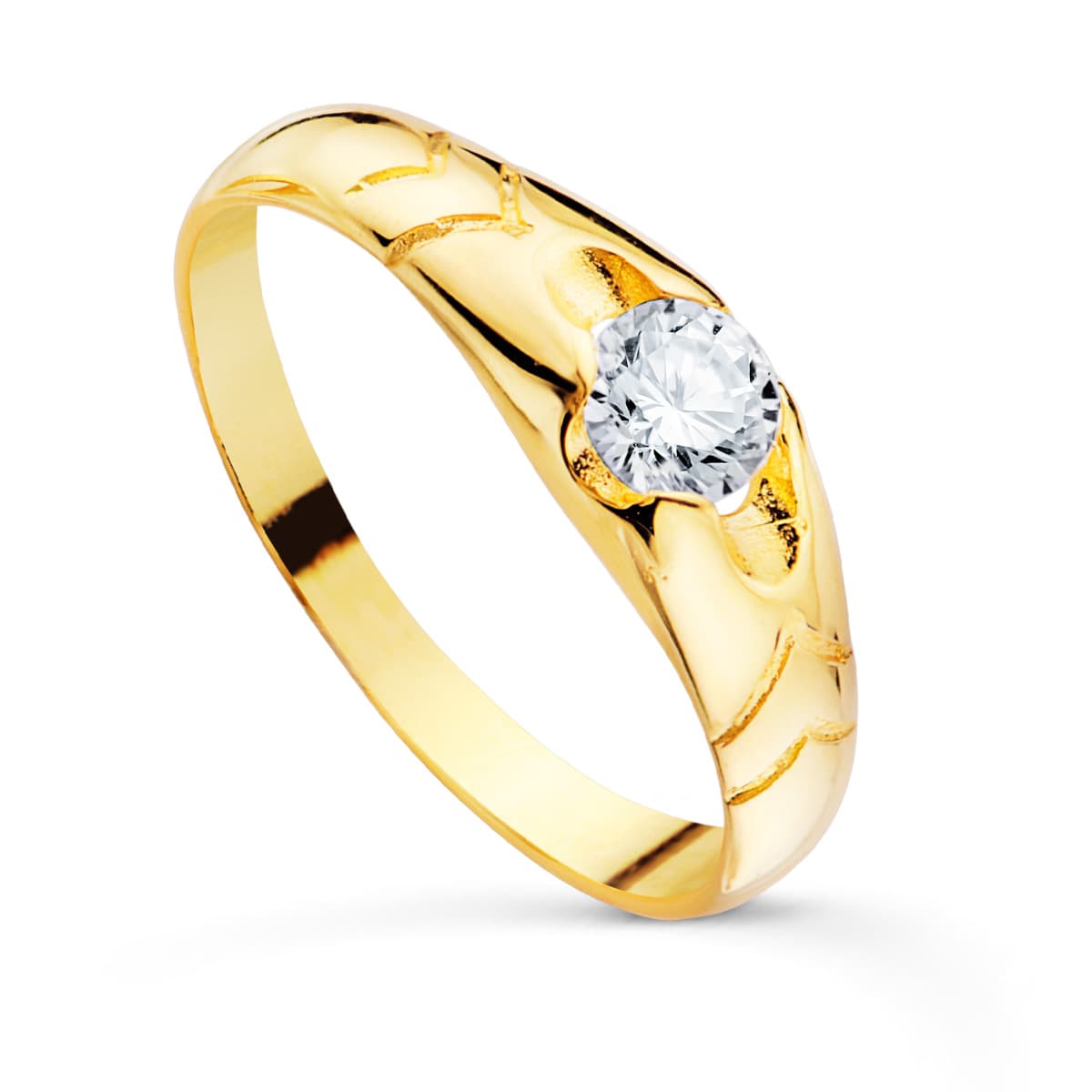 Solitario macizo de oro 18k de comunión para niño con circonita de 4,5 mm