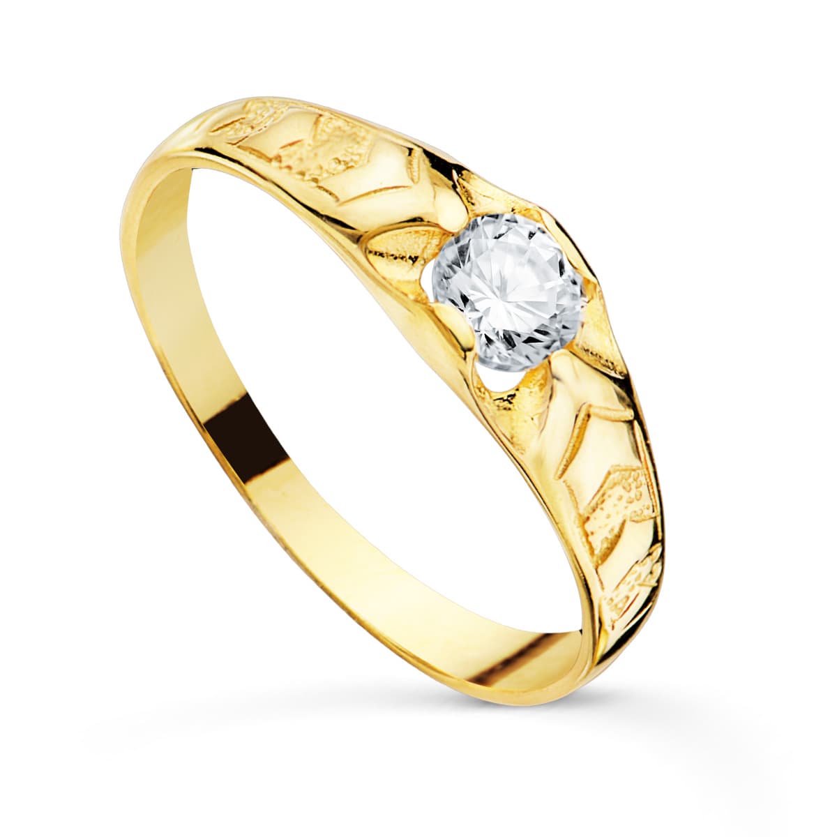 Solitario macizo de oro 18k de talla infantil para niño, circonita de 4,2 mm