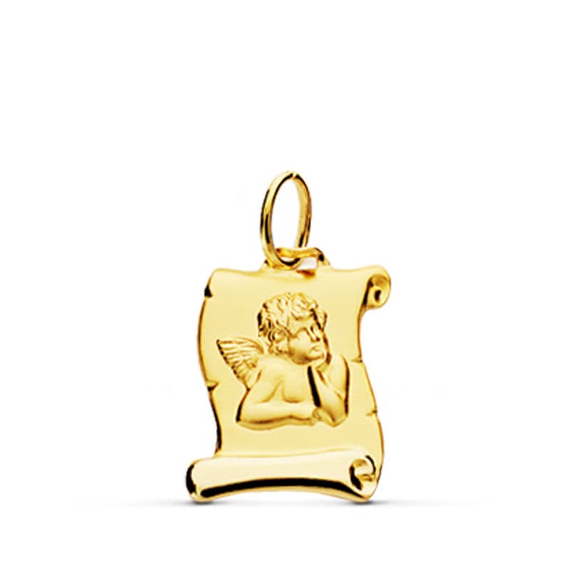 Colgante pergamino de oro de ley 9k con el angelito burlón, 16x12 mm