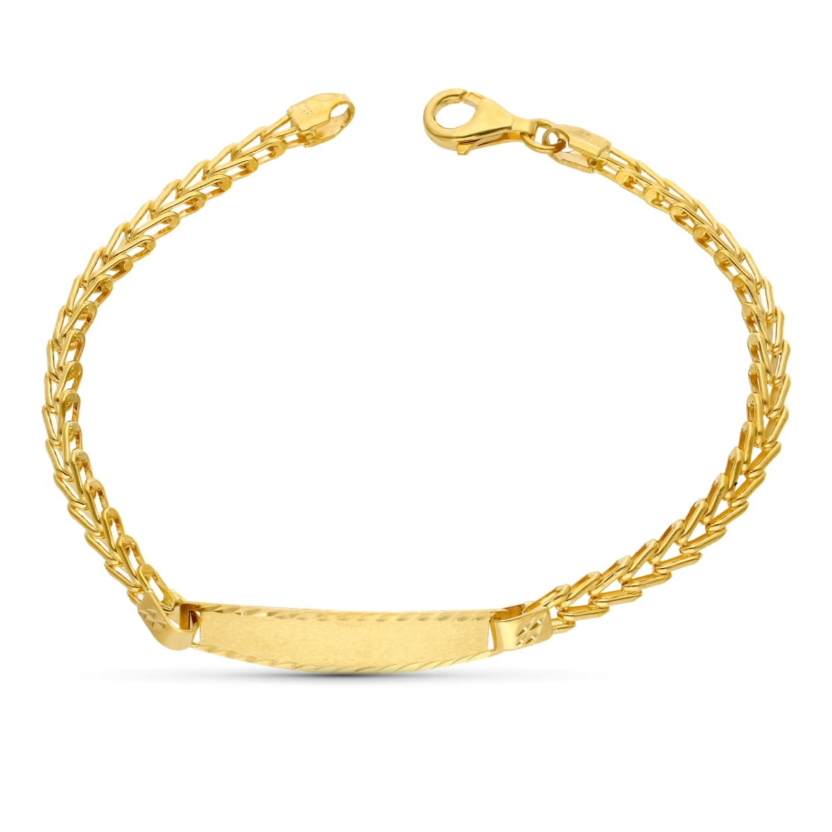 Esclava de oro amarillo 18k de eslabón espiga, 18 cm de largo, sobre fondo blanco