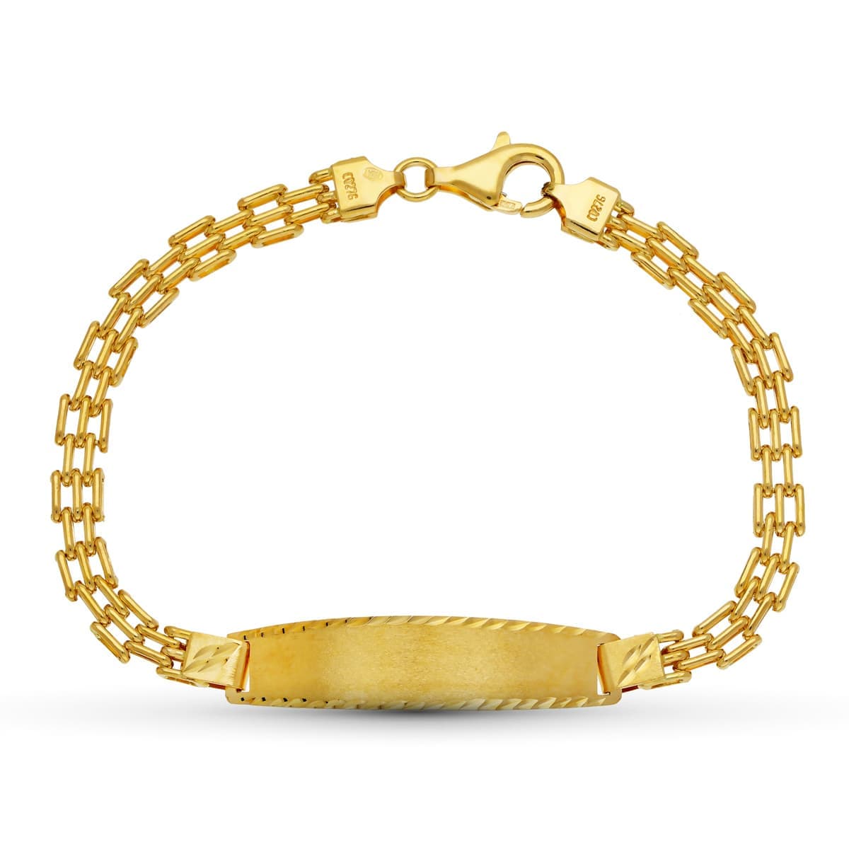 Esclava de oro amarillo 18k de eslabón panter, 19 cm de largo, sobre fondo blanco