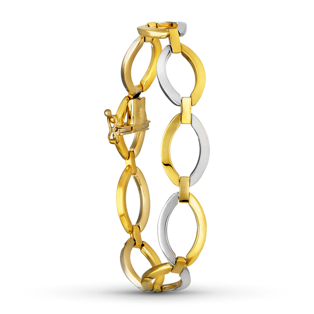 Pulsera de oro bicolor 18k de eslabones ovalados alargados, 19 cm de largo