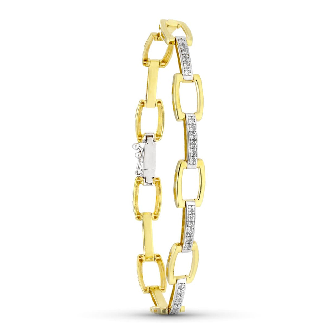 Pulsera de oro bicolor 18k de eslabones finos con circonitas, 19 cm de largo