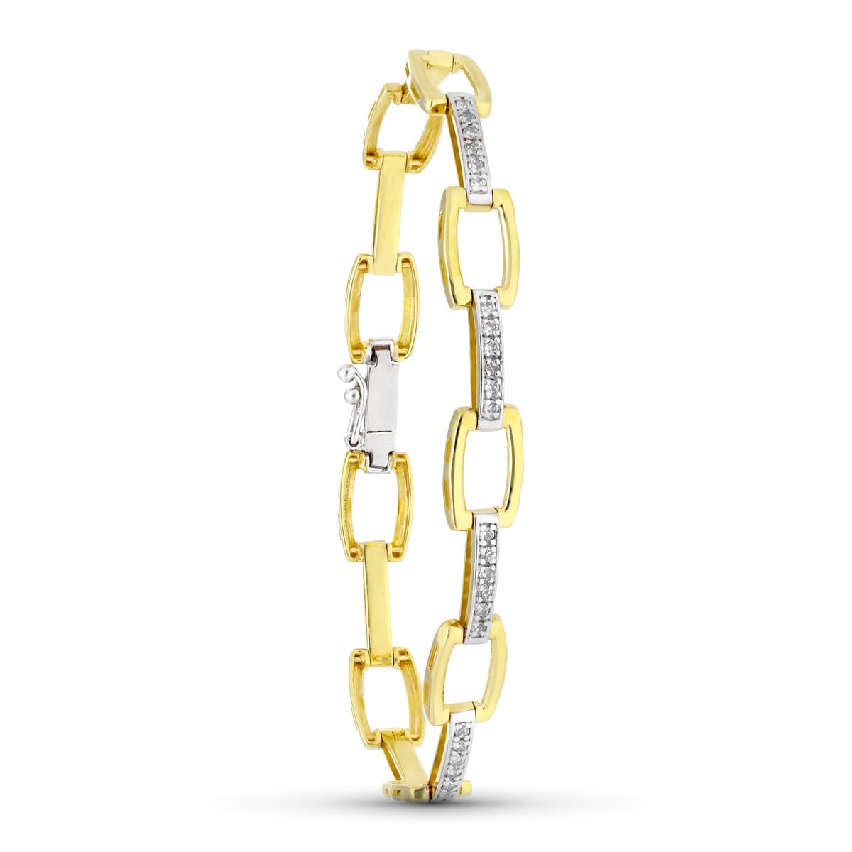 Pulsera de oro bicolor 18k de eslabones finos con circonitas, 19 cm de largo