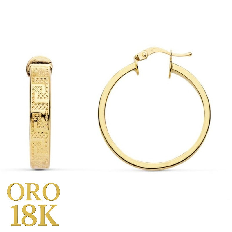 Par de aros de oro de ley 18k dibujo greca