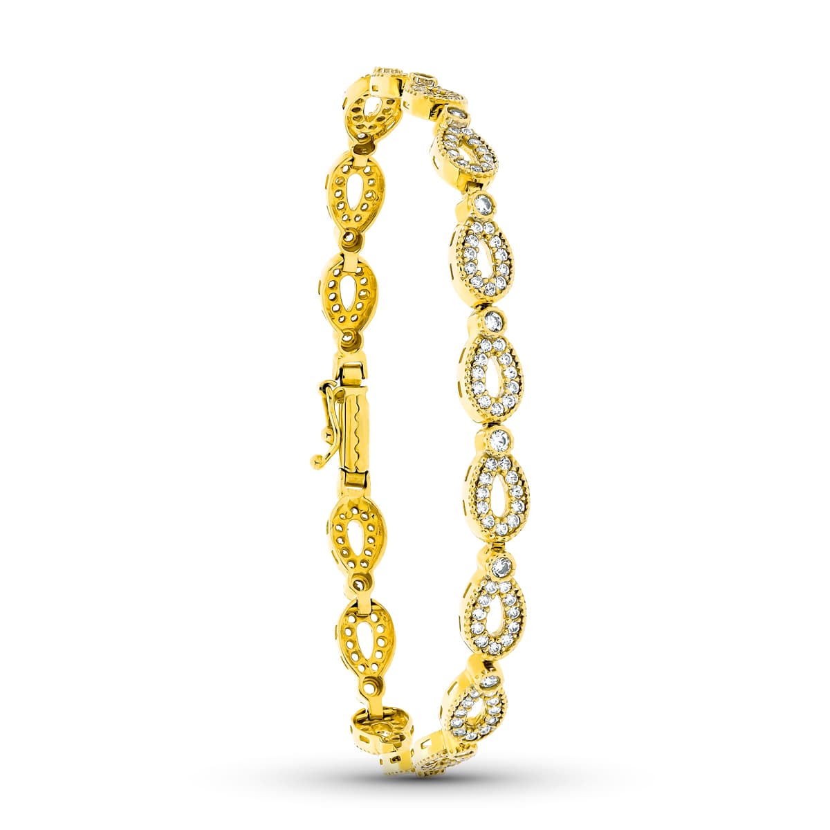 Pulsera de oro amarillo 18k tipo tenis con eslabones cubiertos de circonitas, 19 cm de largo