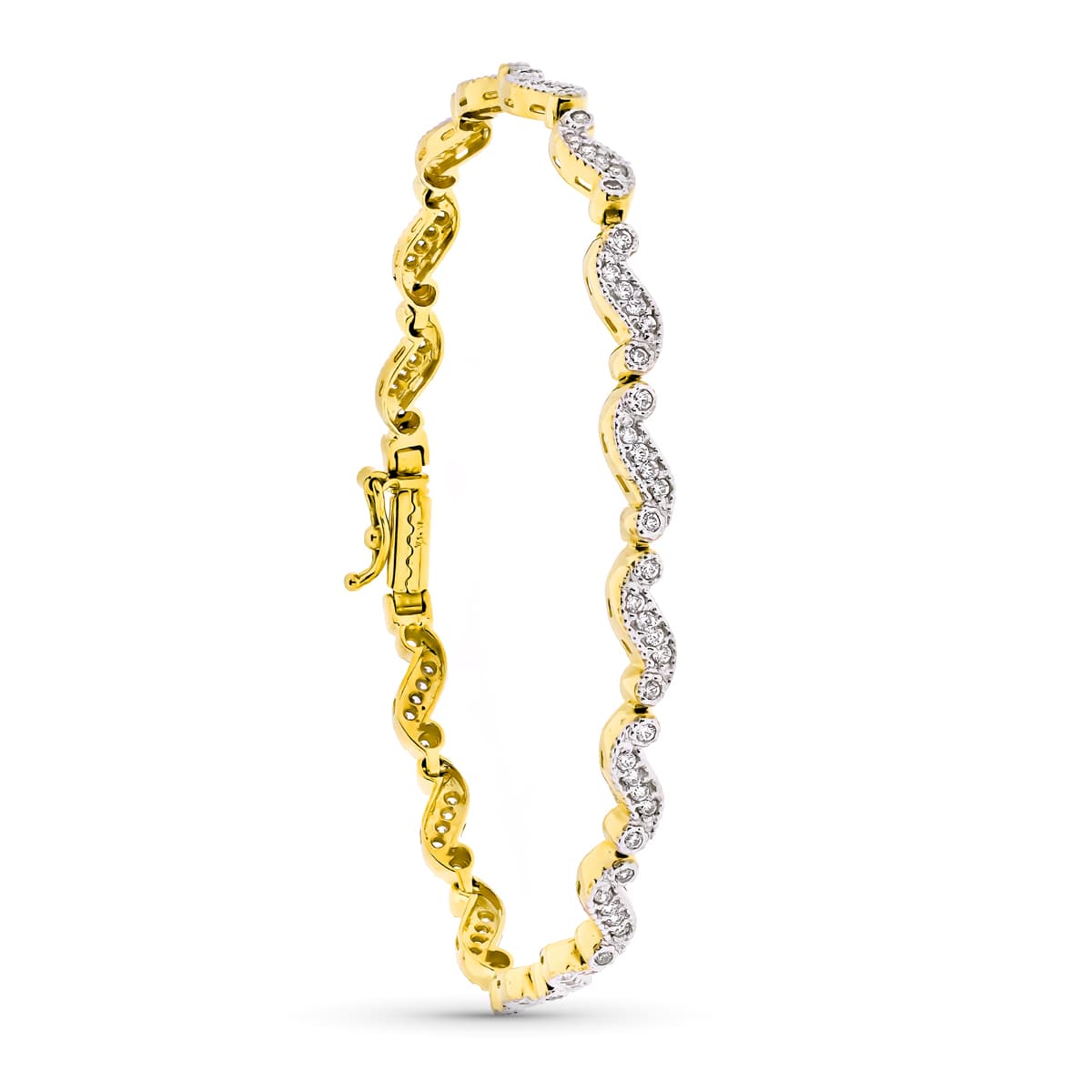 Pulsera de oro bicolor 18k de eslabones ondulados con circonitas, 19 cm de largo