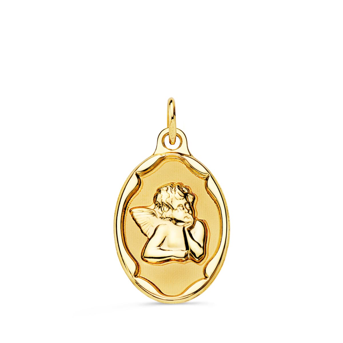Medalla de oro 18k ovalada con angelito burlón y cerco en brillo, 17x13 mm, sobre fondo blanco