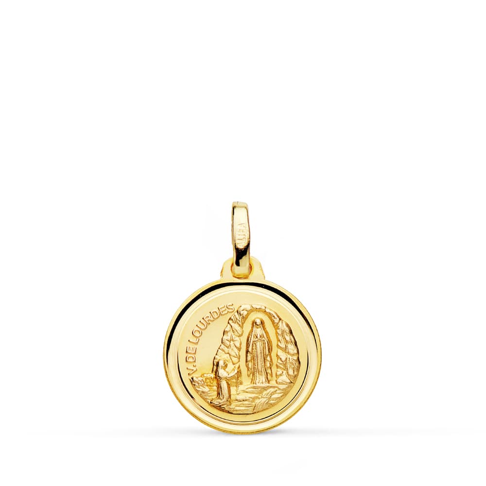 Medalla de la Virgen de Lourdes en oro de 18 quilates con bisel, de 14 mm