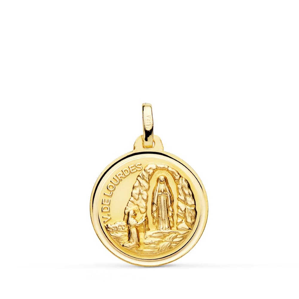 Medalla de la Virgen de Lourdes en oro de 18 quilates con bisel, de 18 mm