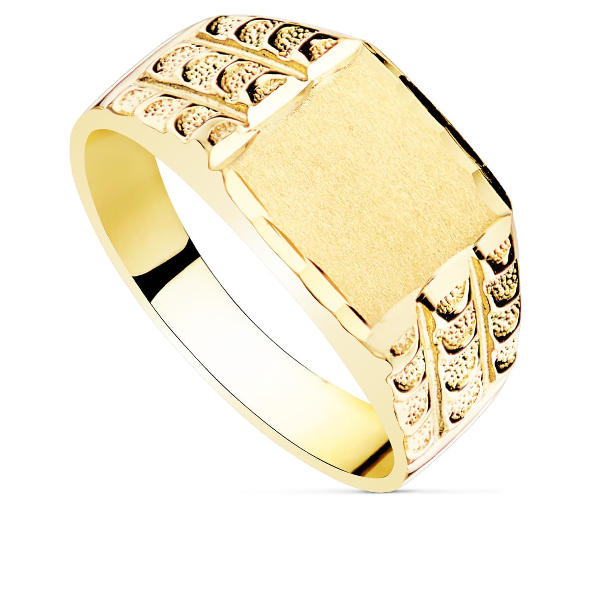 Sello cadete de oro de ley 18k macizo con cabeza rectangular de 9x8 mm y laterales tallados