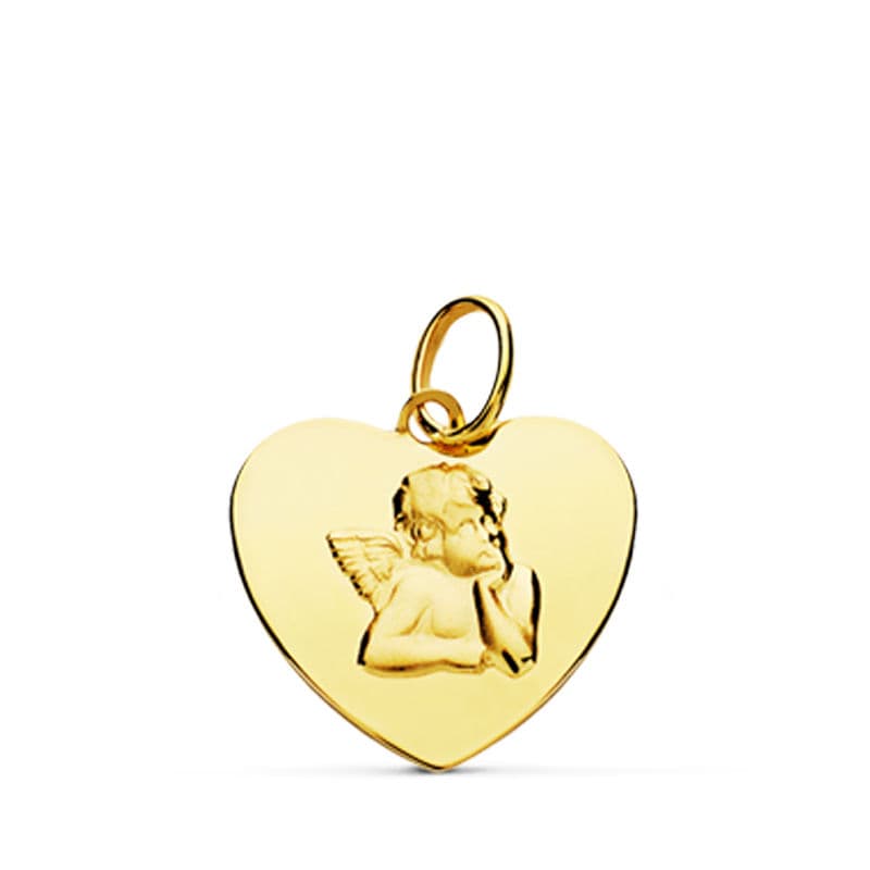 Colgante de oro 18k con forma de corazón y angelito burlón, 14 mm, sobre fondo blanco