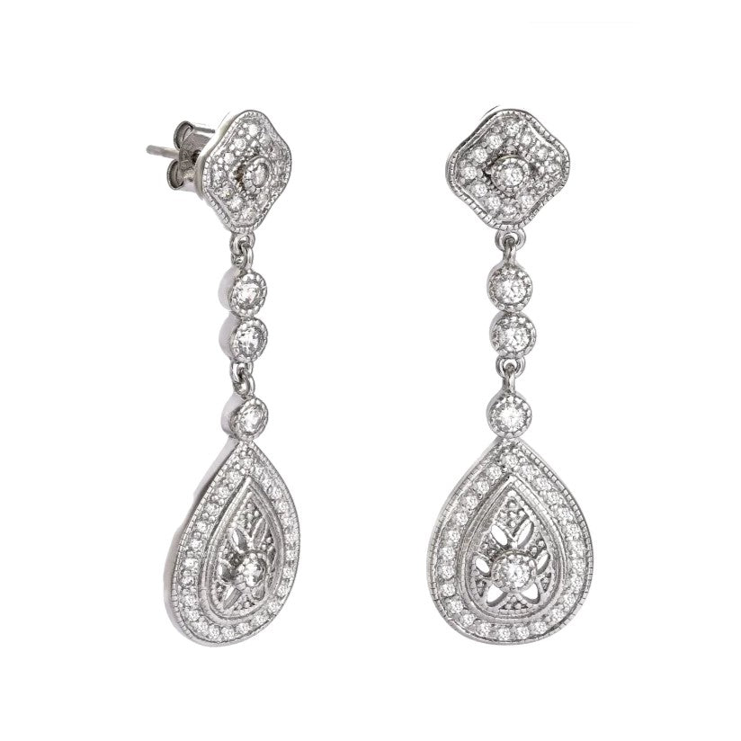 Pendientes de plata de ley largos con circonitas blancas calados