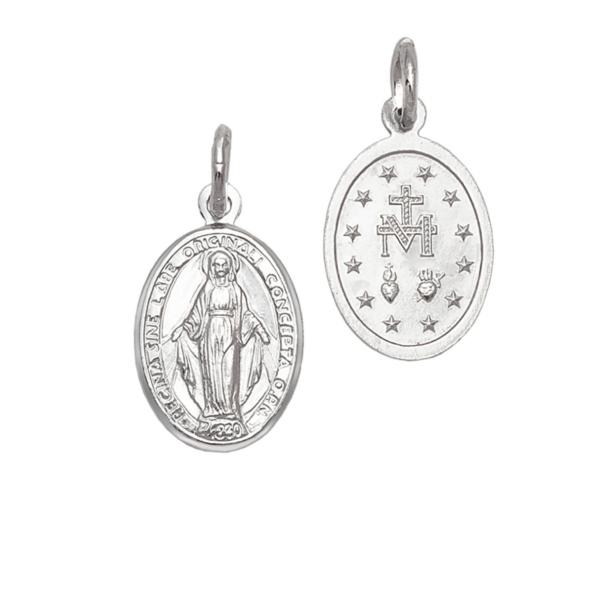 Medalla de la Virgen Milagrosa de plata con baño de rodio oval de doble cara, de 16 mm de alto y 11 mm de ancho, vista del anverso y reverso, sobre fondo blanco.