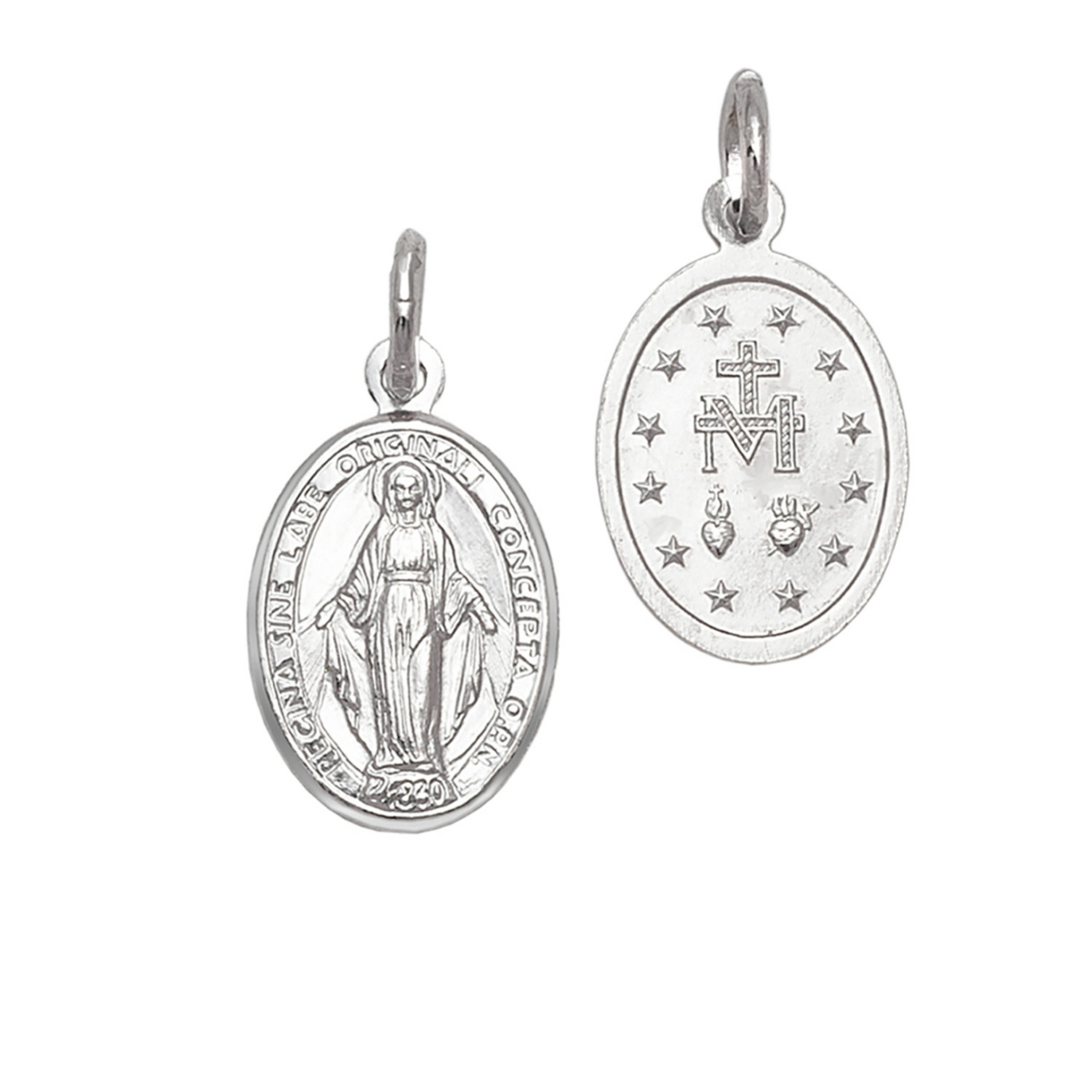 Medalla de la Virgen Milagrosa de plata con baño de rodio oval de doble cara, de 16 mm de alto y 11 mm de ancho, vista del anverso y reverso, sobre fondo blanco.