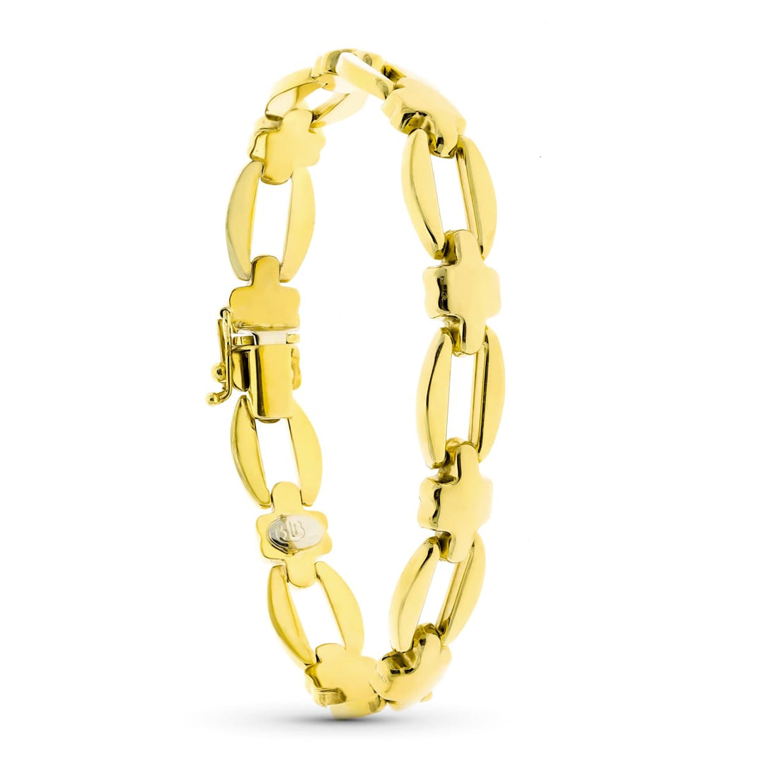 Pulsera de oro amarillo 18k de eslabones ovalados con colgante de cruz, 19 cm de largo