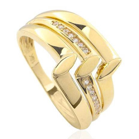 Sortija de oro de ley con tres tiras y circonitas en la parte central