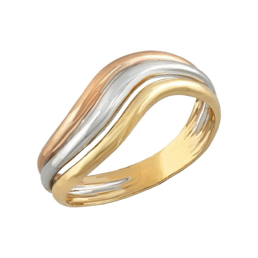 Anillo tricolor de oro 18k de 12 mm de ancho, con ondas en oro amarillo, oro blanco y oro rosa, sobre fondo blanco.