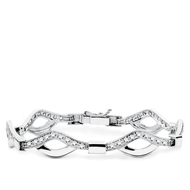 Pulsera de oro blanco 18k de ondas cruzadas con circonitas engastadas, 18,5 cm de largo