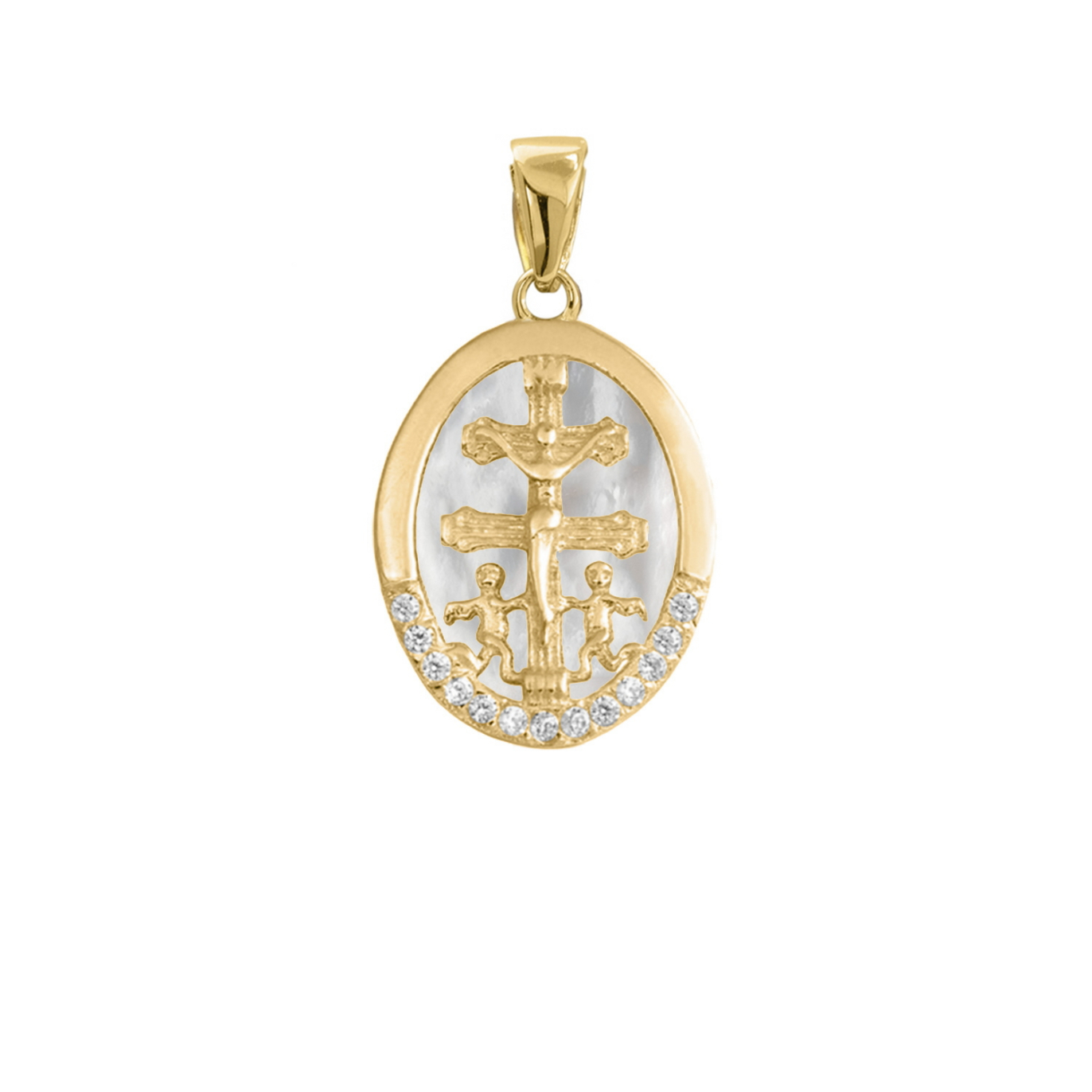 Colgante cruz de Caravaca de plata bañada en oro con nácar y circonitas, de 17 mm de alto y 10 mm de ancho, sobre fondo blanco.