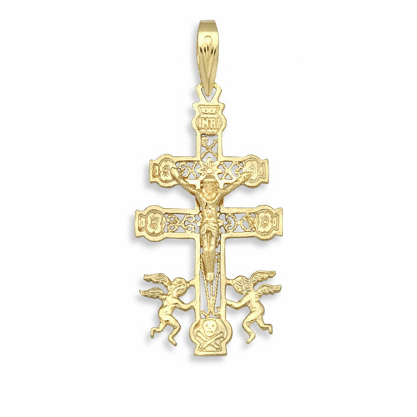 Colgante cruz de Caravaca de plata bañada en oro con relieves y ángeles, de 34 mm de alto y 20 mm de ancho, sobre fondo blanco.