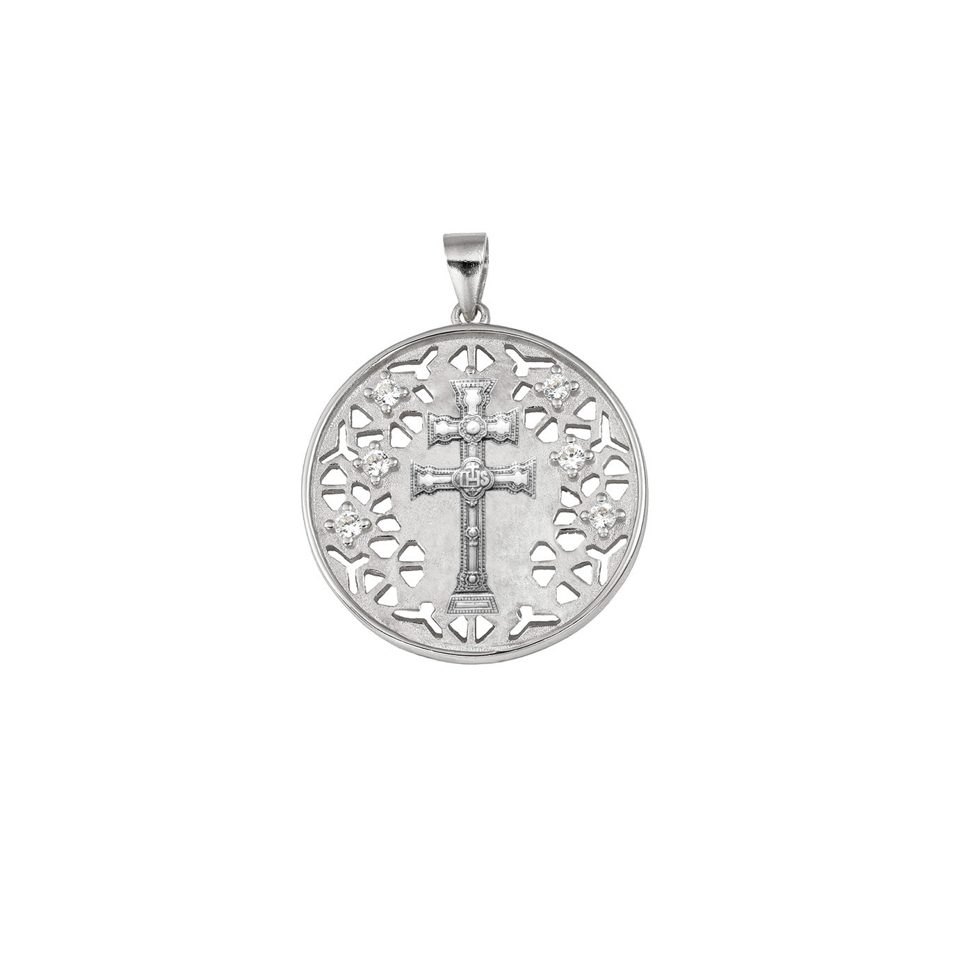 Colgante cruz de Caravaca de plata circular con seis circonitas, de 22 mm de diámetro, sobre fondo blanco.