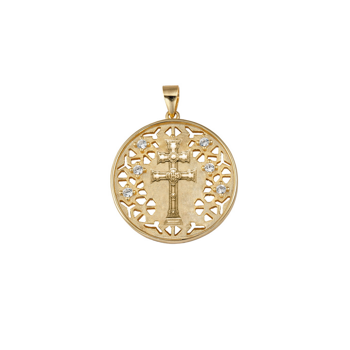 Colgante cruz de Caravaca de plata bañada en oro circular con seis circonitas, de 22 mm de diámetro, sobre fondo blanco.