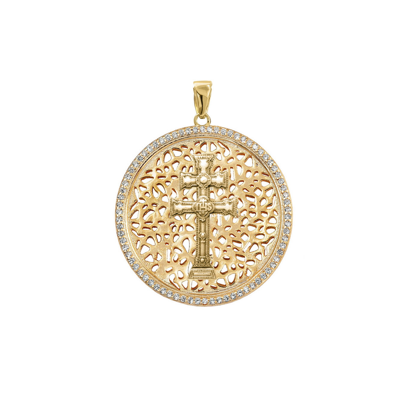 Colgante cruz de Caravaca de plata bañada en oro circular con cerco de circonitas, de 25 mm de diámetro, sobre fondo blanco.