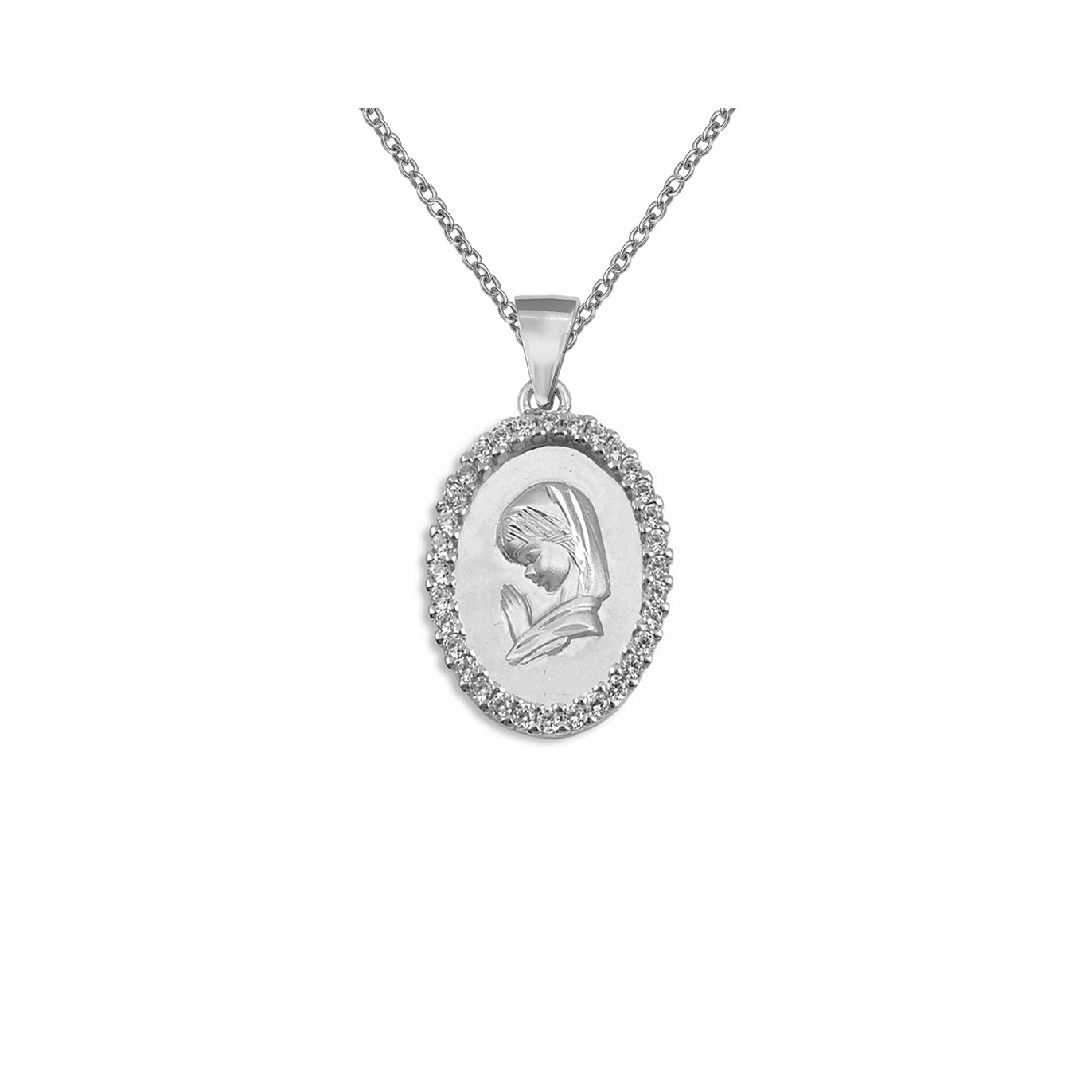 Gargantilla de la Virgen María de plata con baño de rodio oval con cerco de circonitas, de 16 mm de alto y 13 mm de ancho, con cadena de 38 + 4 cm, sobre fondo blanco.