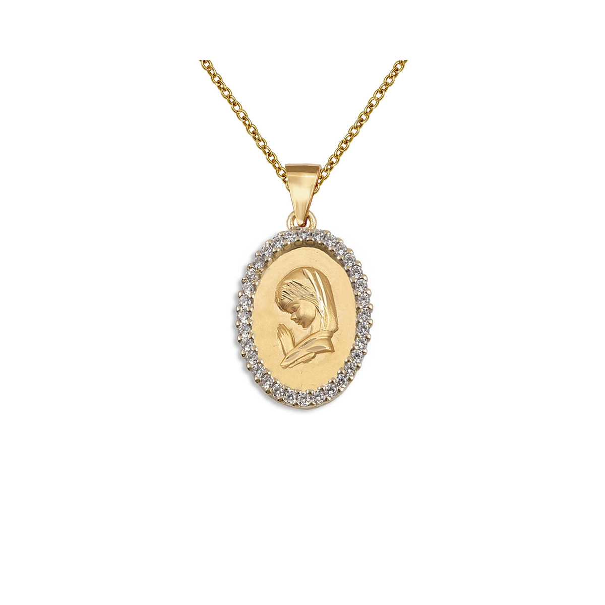 Gargantilla de la Virgen María de plata bañada en oro oval con cerco de circonitas, de 16 mm de alto y 13 mm de ancho, con cadena de 38 + 4 cm, sobre fondo blanco.