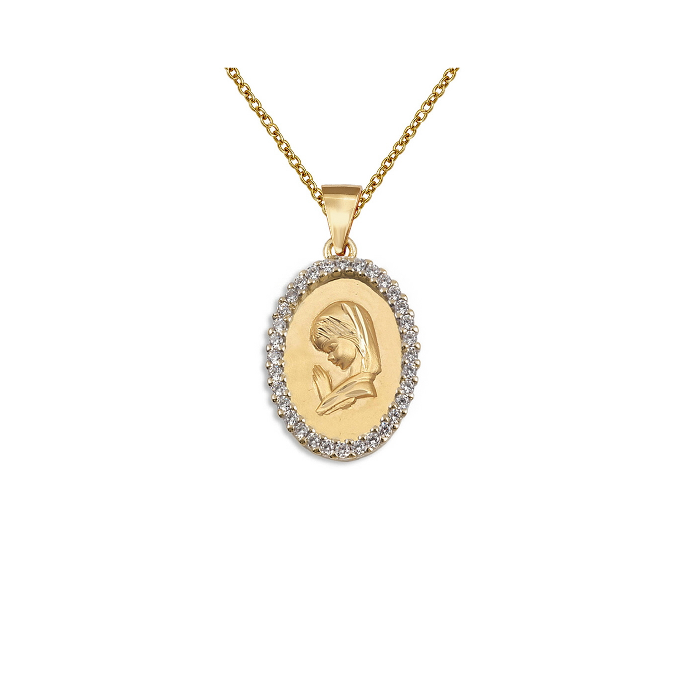 Gargantilla de la Virgen María de plata bañada en oro oval con cerco de circonitas, de 16 mm de alto y 13 mm de ancho, con cadena de 38 + 4 cm, sobre fondo blanco.