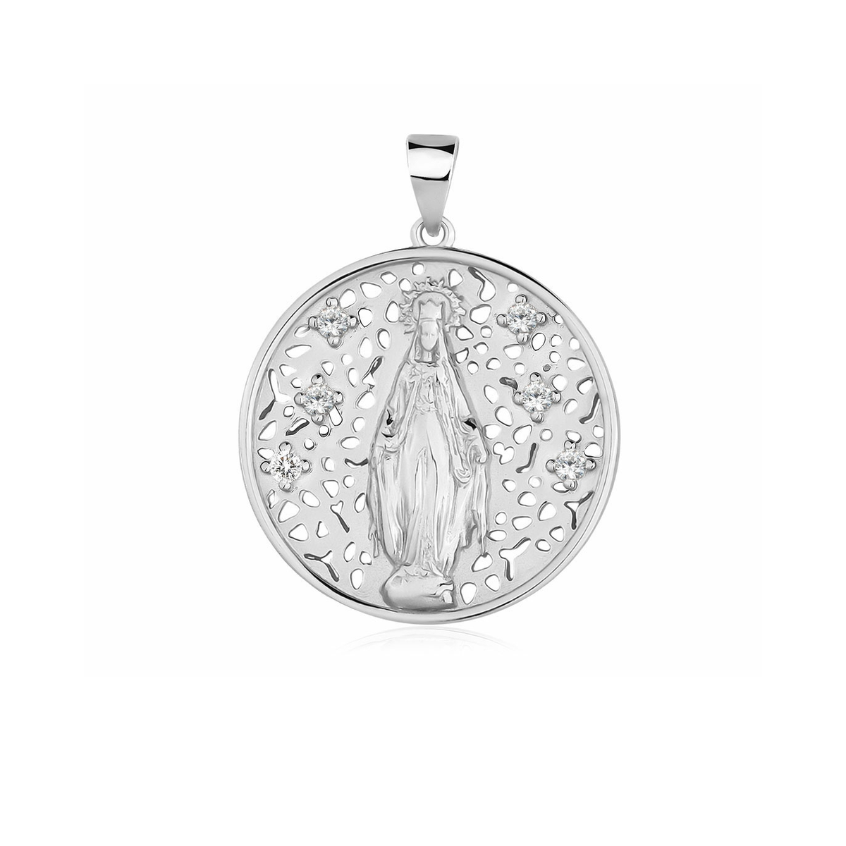 Medalla de la Virgen Milagrosa de plata con baño de rodio calada con seis circonitas, de 25 mm de diámetro, sobre fondo blanco.