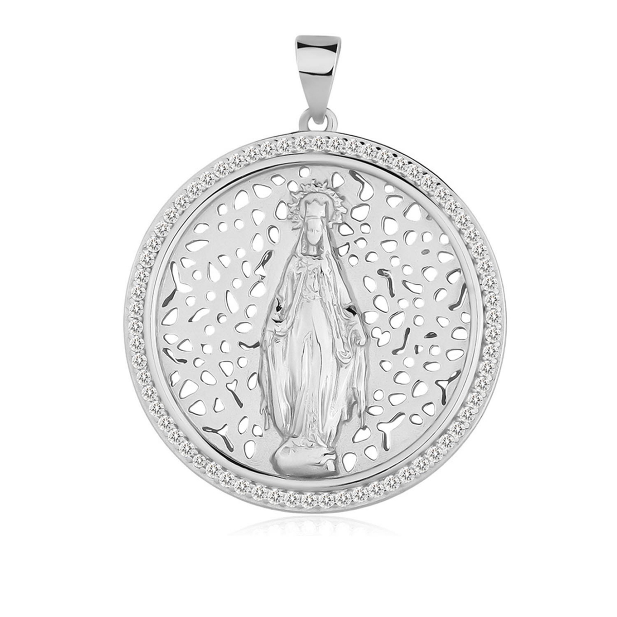 Medalla de la Virgen Milagrosa de plata con baño de rodio calada con cerco de circonitas, de 28 mm de diámetro, sobre fondo blanco.