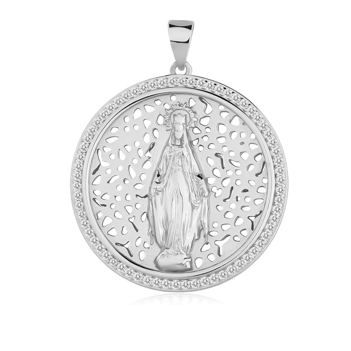 Medalla de la Virgen Milagrosa de plata con baño de rodio calada con cerco de circonitas, de 28 mm de diámetro, sobre fondo blanco.